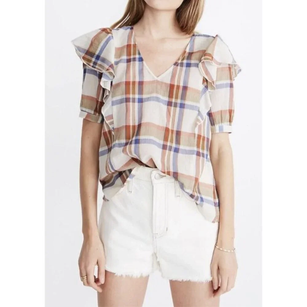 EUC Womens Madewell V‎ Neck Shoulder Ruffle Top In Plaid Short Sleeve Size L